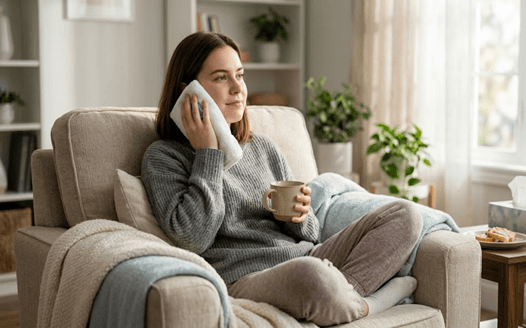 Picture3 | Neo Dental | Neo Dental Woman resting on a beige sofa with a tissue to her cheek and a mug in hand, wrapped in a gray sweater and blanket in a cozy living room.