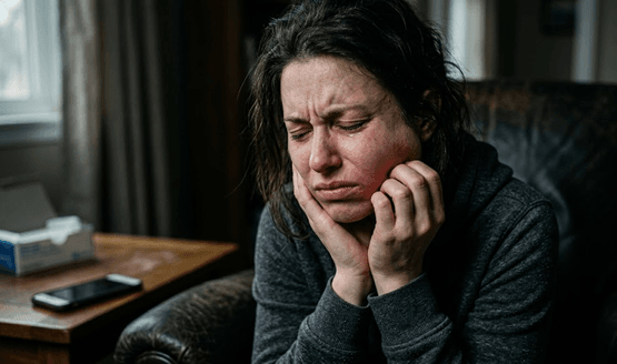 Picture4 | Neo Dental | Neo Dental Woman sits in a dim living room, eyes closed, pressing her cheeks with her hands in a distressed expression.