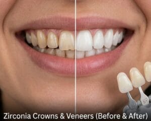 Side-by-side photo showing a smile before and after dental veneers and whitening: left yellowed teeth, right white crowns with a shade guide.