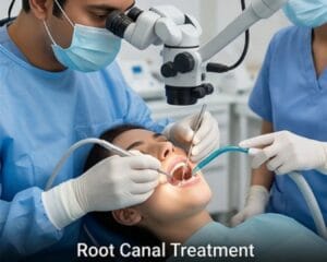 Dentist uses a dental microscope while performing a root canal on a patient with assistants in blue scrubs and gloves.
