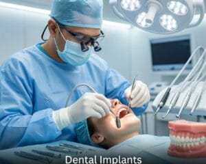 Dentist in scrubs and mask placing dental implants in a patient’s mouth during a surgical procedure.