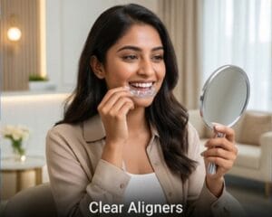 Smiling woman inserts clear dental aligners while looking at herself in a handheld mirror in a bright room, showcasing a dental care routine.