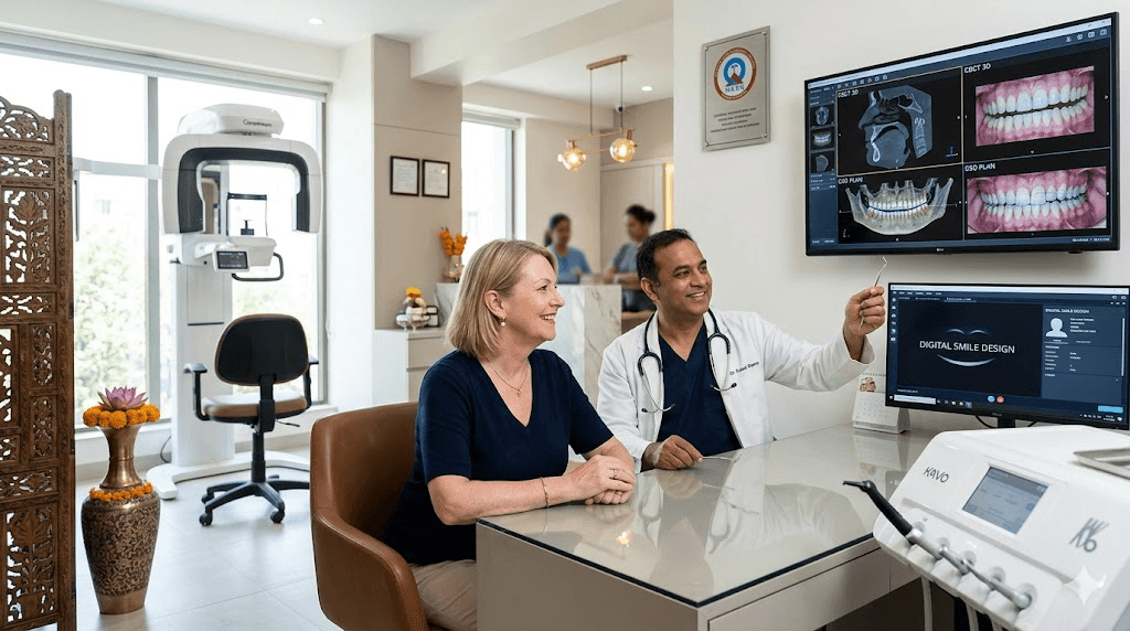 Dentist explains dental X-ray images to a female patient in a modern clinic, with monitors showing dental scans and a digital smile design.