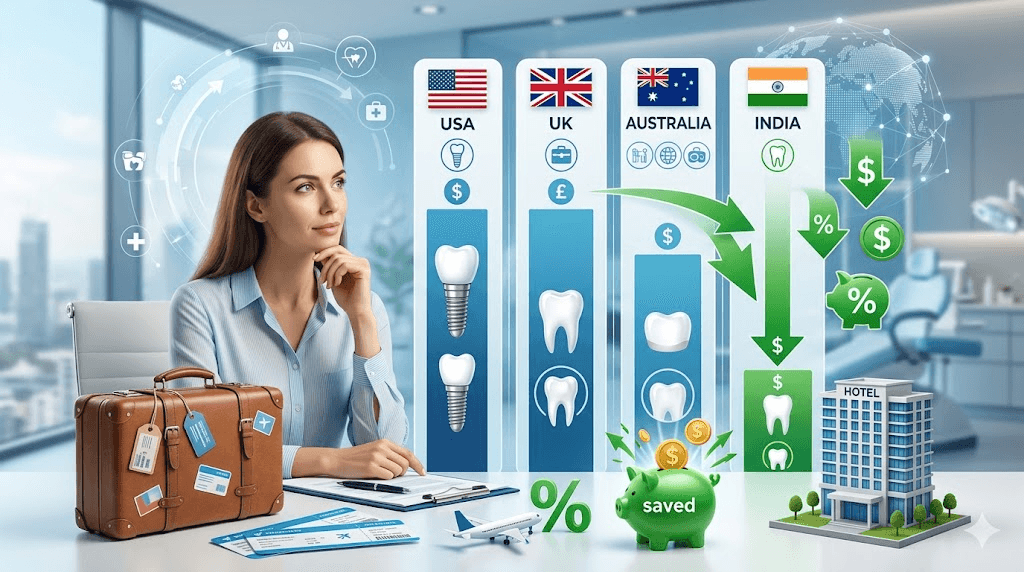 Businesswoman ponders an infographic comparing dental costs in USA, UK, Australia, and India, with a savings piggy bank and hotel icon.