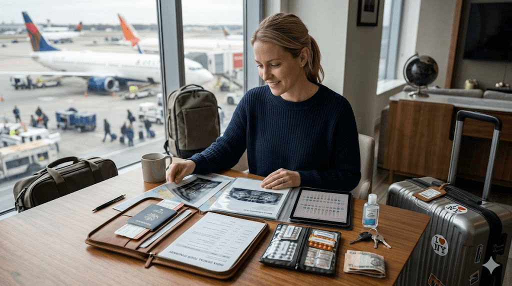 Woman in a navy sweater sits at a cafe-style table, reviewing travel photos and documents beside luggage near large airport windows.