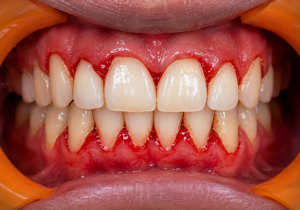 Close-up of upper and lower front teeth with red, inflamed gums and bleeding along the gumline