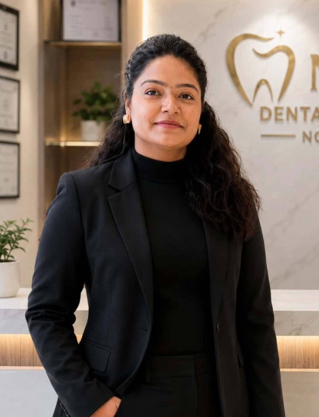 2 | Neo Dental | Neo Dental Professional woman in a black blazer standing in a dental clinic reception area, logo on marble wall behind.