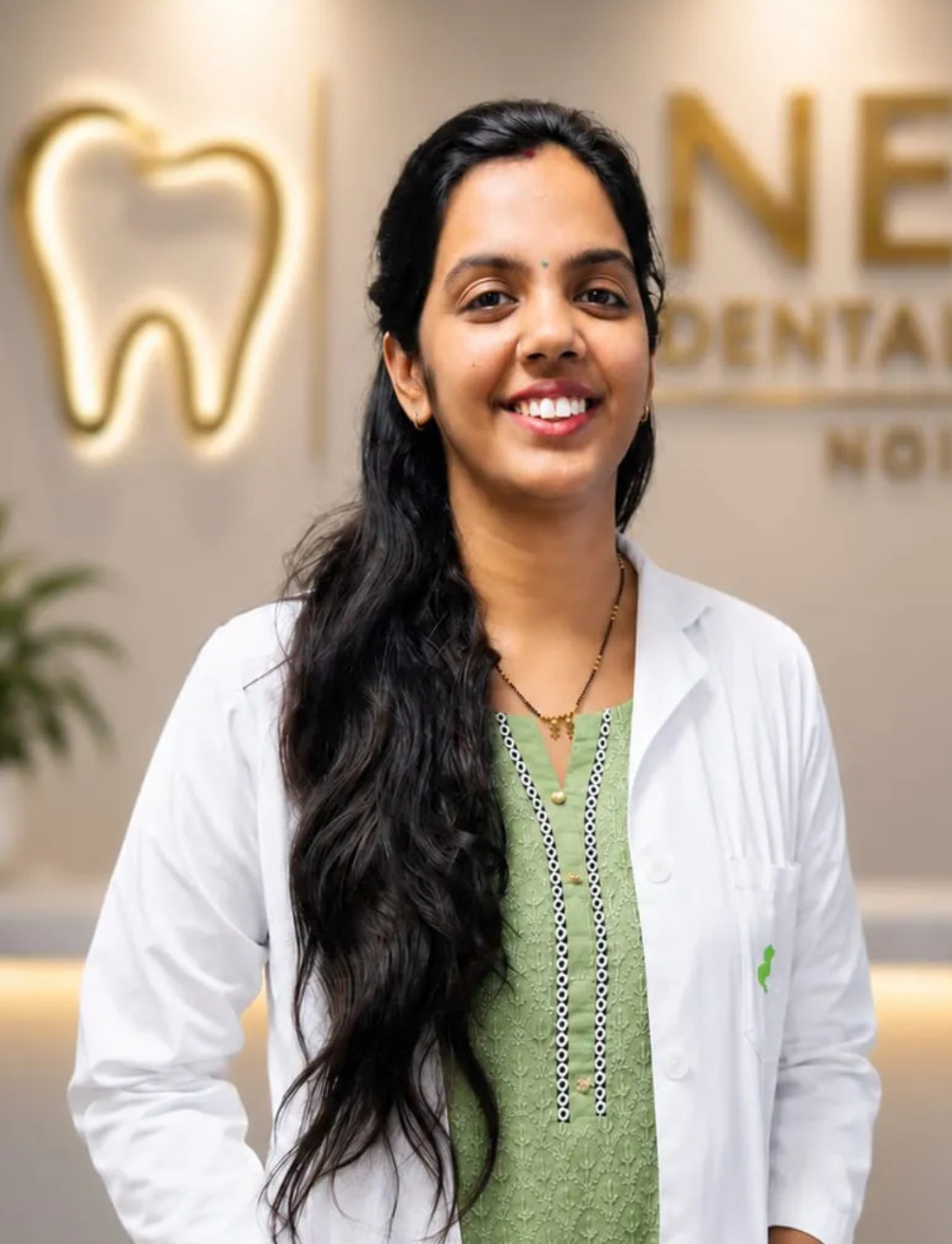 4 | Neo Dental | Neo Dental Smiling female dentist in a white coat standing in a modern dental clinic.