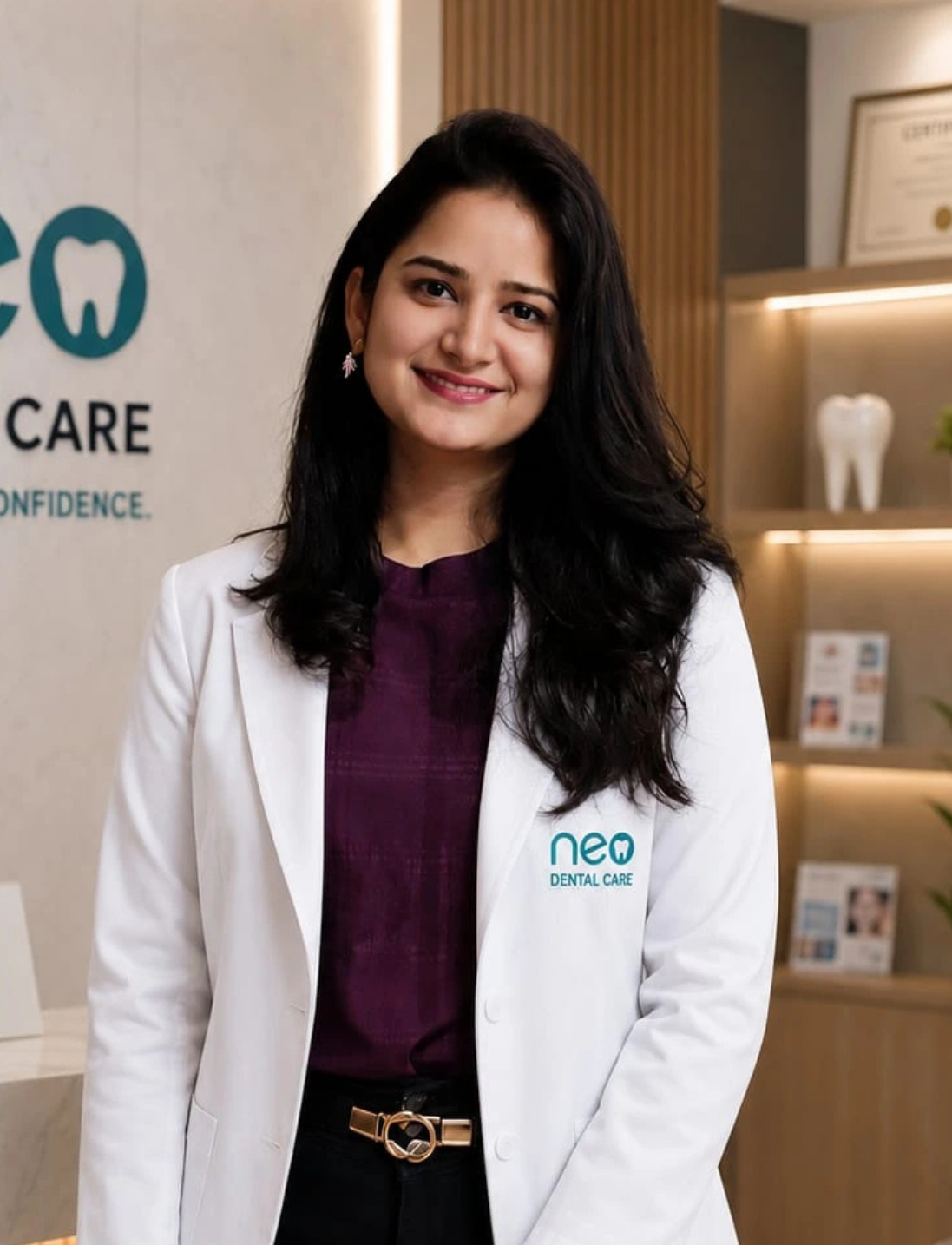 6 | Neo Dental | Neo Dental Dental professional with long dark hair in a white coat with the Neo Dental Care logo.