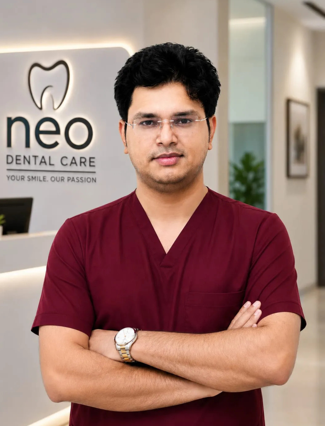 7 | Neo Dental | Neo Dental Male dentist in maroon scrubs with arms crossed, standing in a modern dental clinic setting.