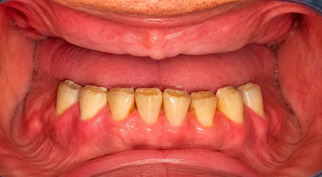 Lower front teeth showing wear, uneven edges, and receding gums in a closed-mouth view.