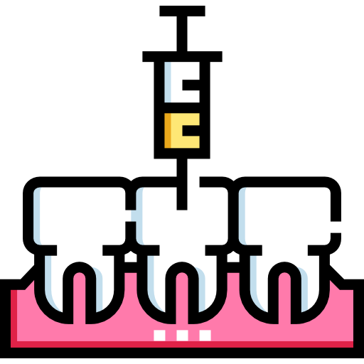 anesthesia_1328996 | Neo Dental | Neo Dental Dental care concept: syringe delivering anesthesia into a row of teeth over pink gums (stylized logo).