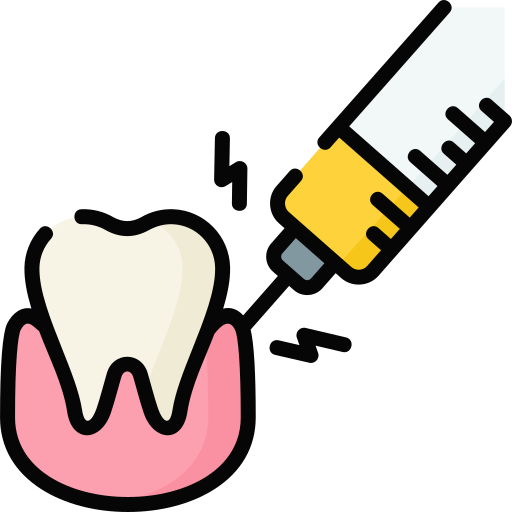 anesthesia_2779564 | Neo Dental | Neo Dental Cartoon tooth with pink gum and a dental syringe delivering anesthesia nearby, indicating a dental injection.