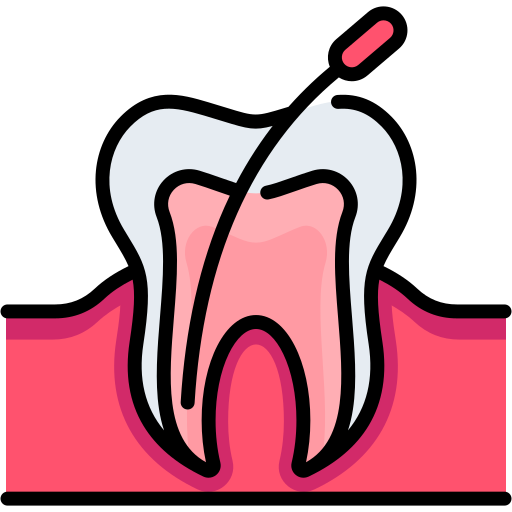 canals | Neo Dental | Neo Dental Cartoon-style tooth with a black diagonal line across it, exposing pink inner pulp between pink gums