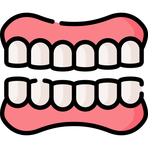 dentures_12264499 | Neo Dental | Neo Dental Open cartoon mouth with two rows of white teeth on a black background.