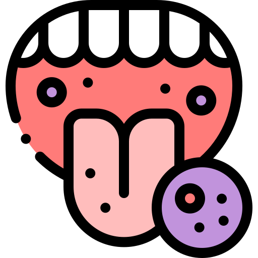 mouth_10202658 | Neo Dental | Neo Dental Playful cartoon face with tongue sticking out, showing teeth, pink skin, and a purple donut-like object nearby.