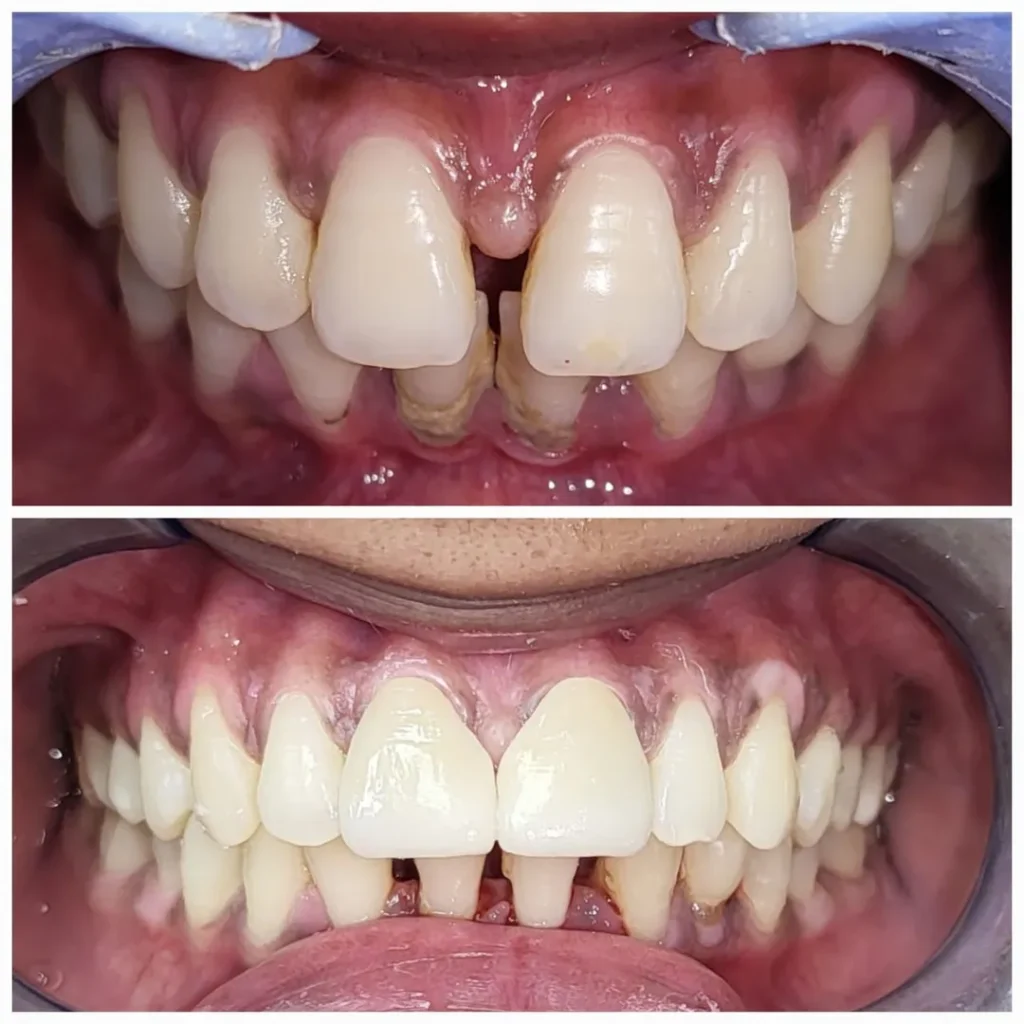 Before-and-after dental transformation: crowded, misaligned upper teeth with gum recession and staining (top image). After treatment: aligned, whiter teeth with healthier gums (bottom image).