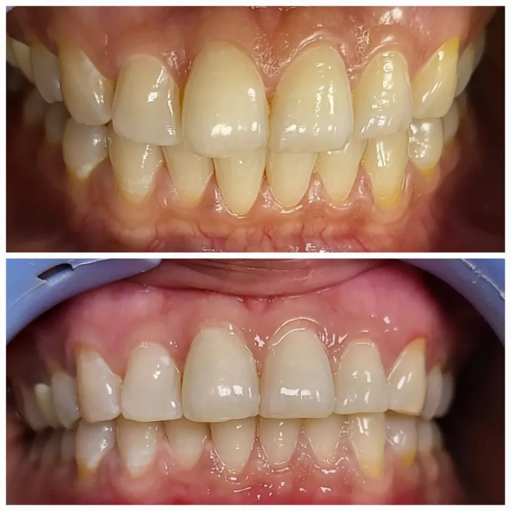 Before-and-after dental alignment: crowded, misaligned front teeth in the top photo; improved, straighter bite in the bottom photo after treatment.