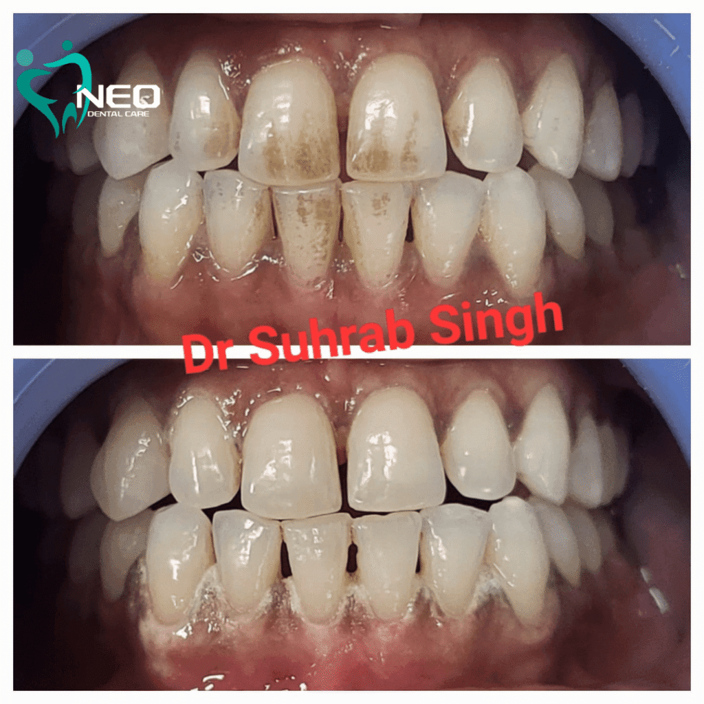 Two-panel photo showing before and after dental whitening: stained upper teeth and clean, white lower teeth with branding in corner.